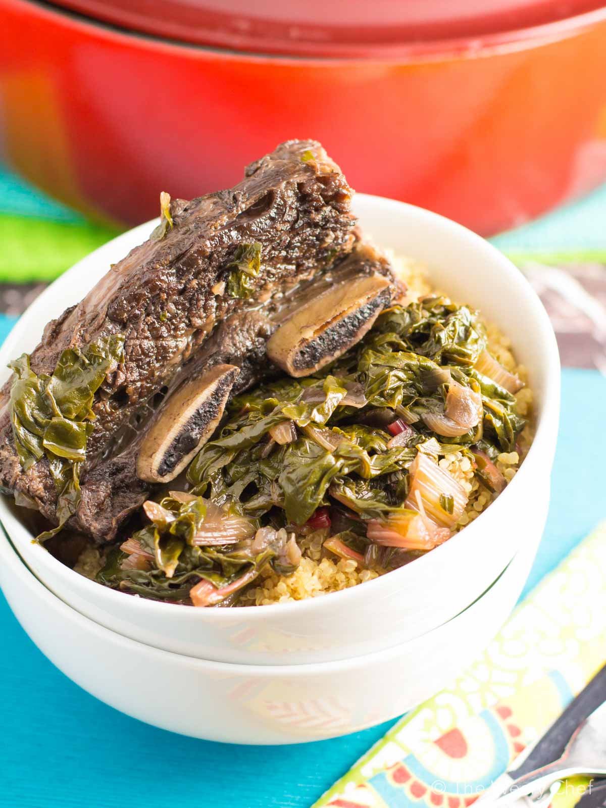 Stewing beef short ribs with chard over low heat makes for a succulent, easy dinner!