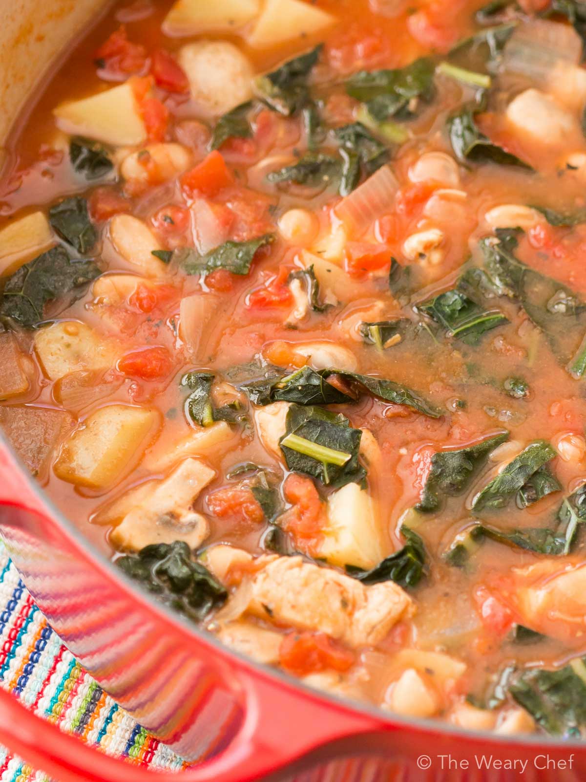 Chicken Potato Soup is just right for cold evenings. This hearty soup with Italian flavors is also loaded with white beans, dino kale, and tomatoes.