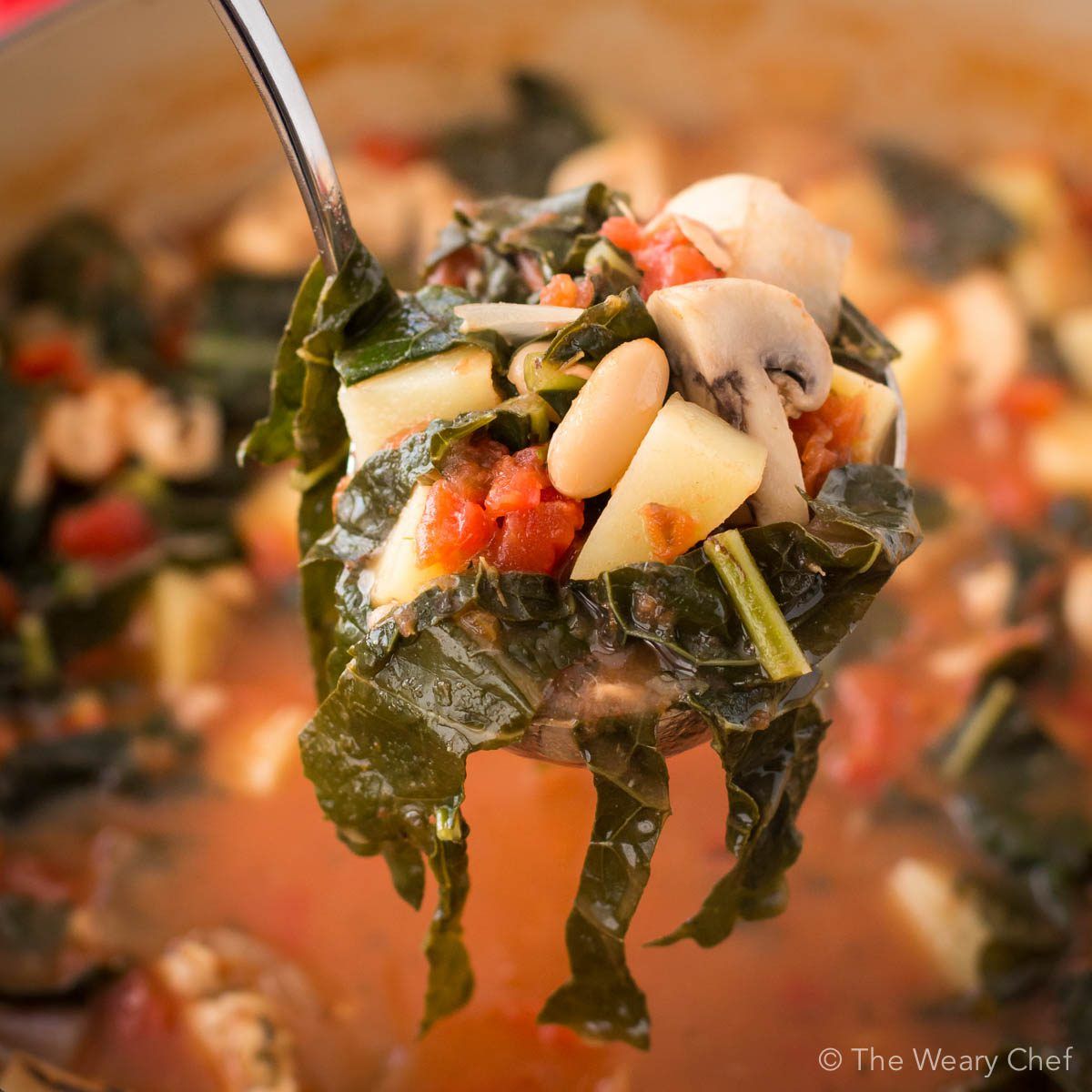 Chicken Potato Soup is just right for cold evenings. This hearty soup with Italian flavors is also loaded with white beans, dino kale, and tomatoes.