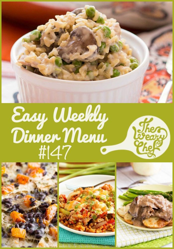 This week's easy dinner menu features a chicken and mushroom skillet, Mexican barley casserole, butternut squash nachos, and lots more!