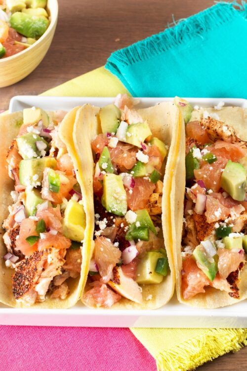 Salmon Tacos with Grapefruit Avocado Salsa by Cake 'n Knife