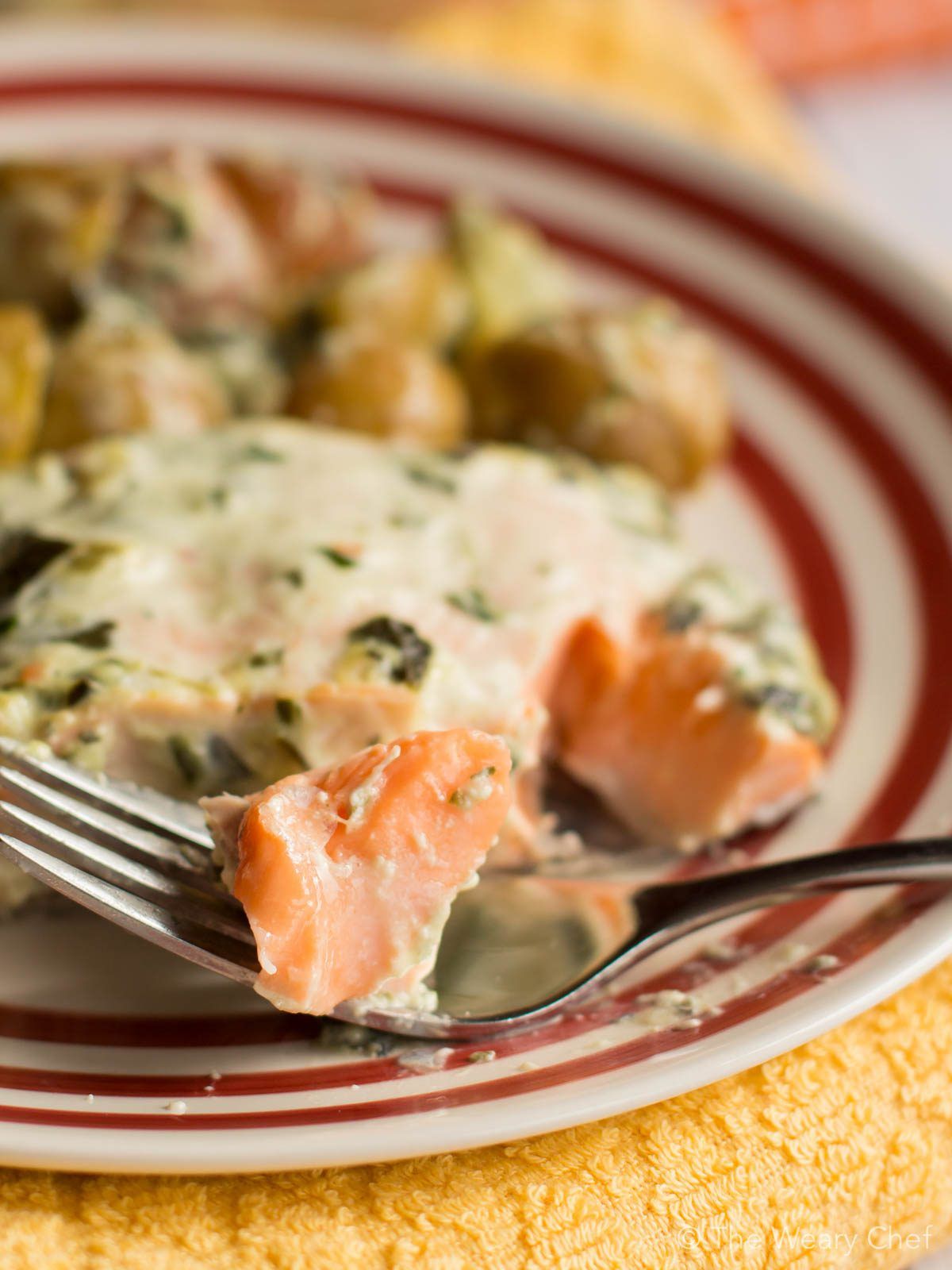 Baked Salmon with Spinach Dip and Potatoes - The Weary Chef