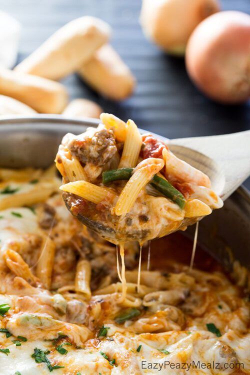 Easy Cheesy Sausage and Green Bean Skillet Pasta by Eazy Peazy Mealz