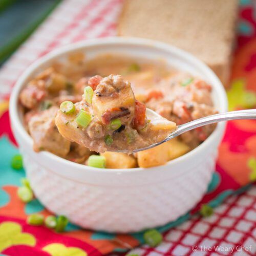 This hearty chowder with spicy turkey sausage and diced potatoes will definitely warm you up on a cool night! Perfect easy dinner recipe!