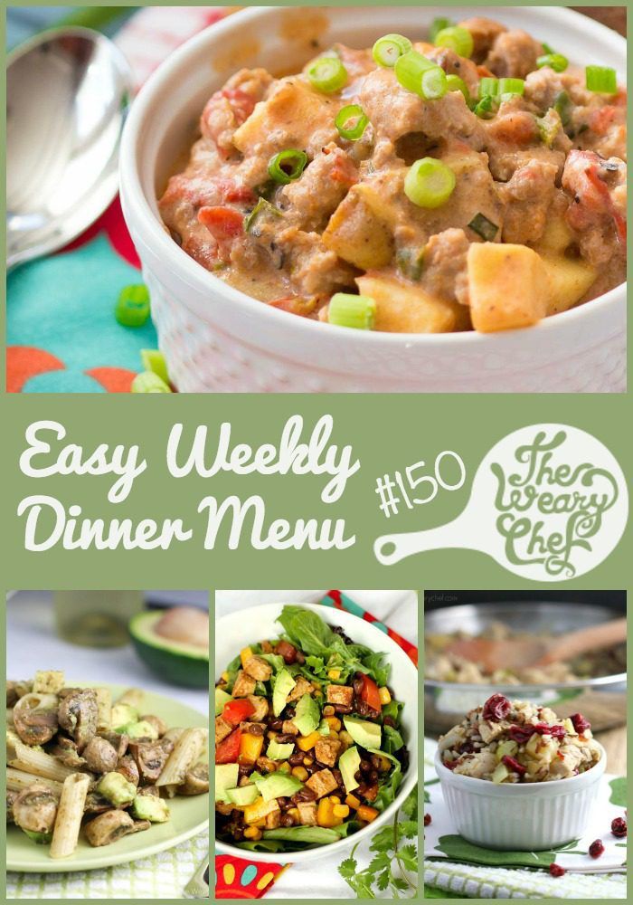 This week's menu features Sausage Chowder, Avocado Pesto Pasta, Cranberry Chicken Rice Skillet, and lots more easy dinner recipes!