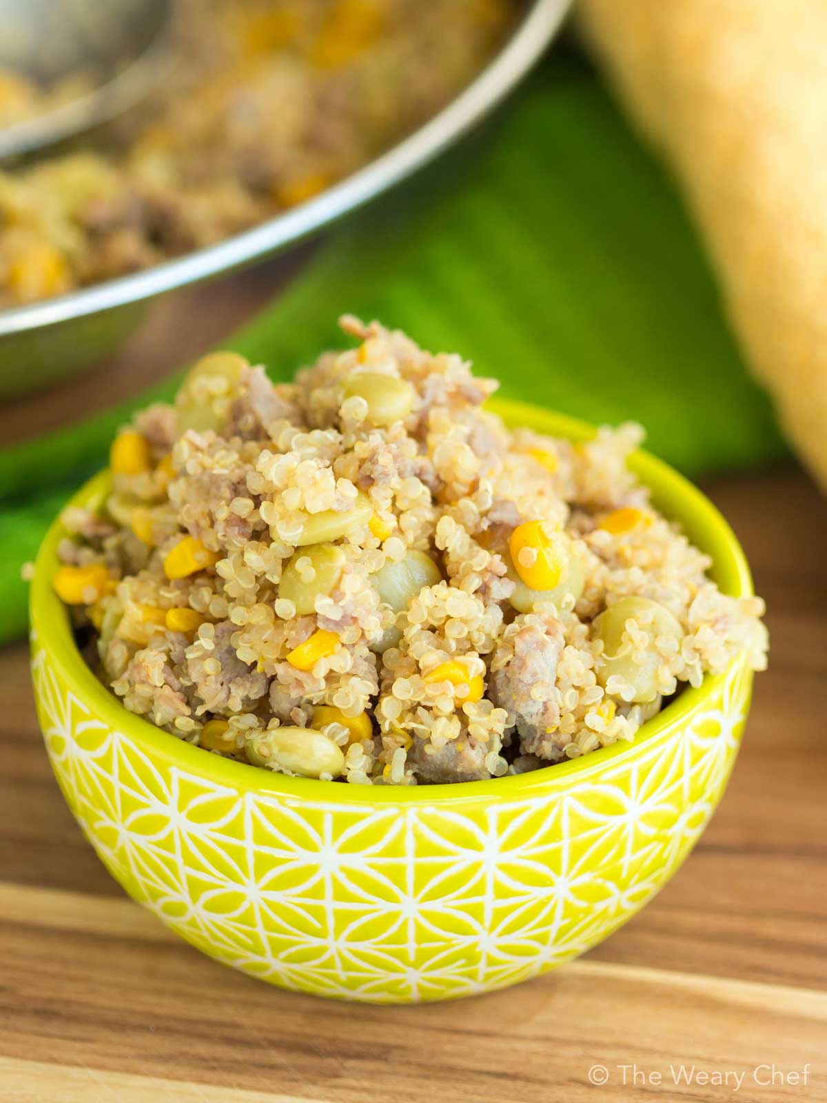 This skillet succotash recipe with sausage and quinoa is loaded with protein, fiber, and flavor!