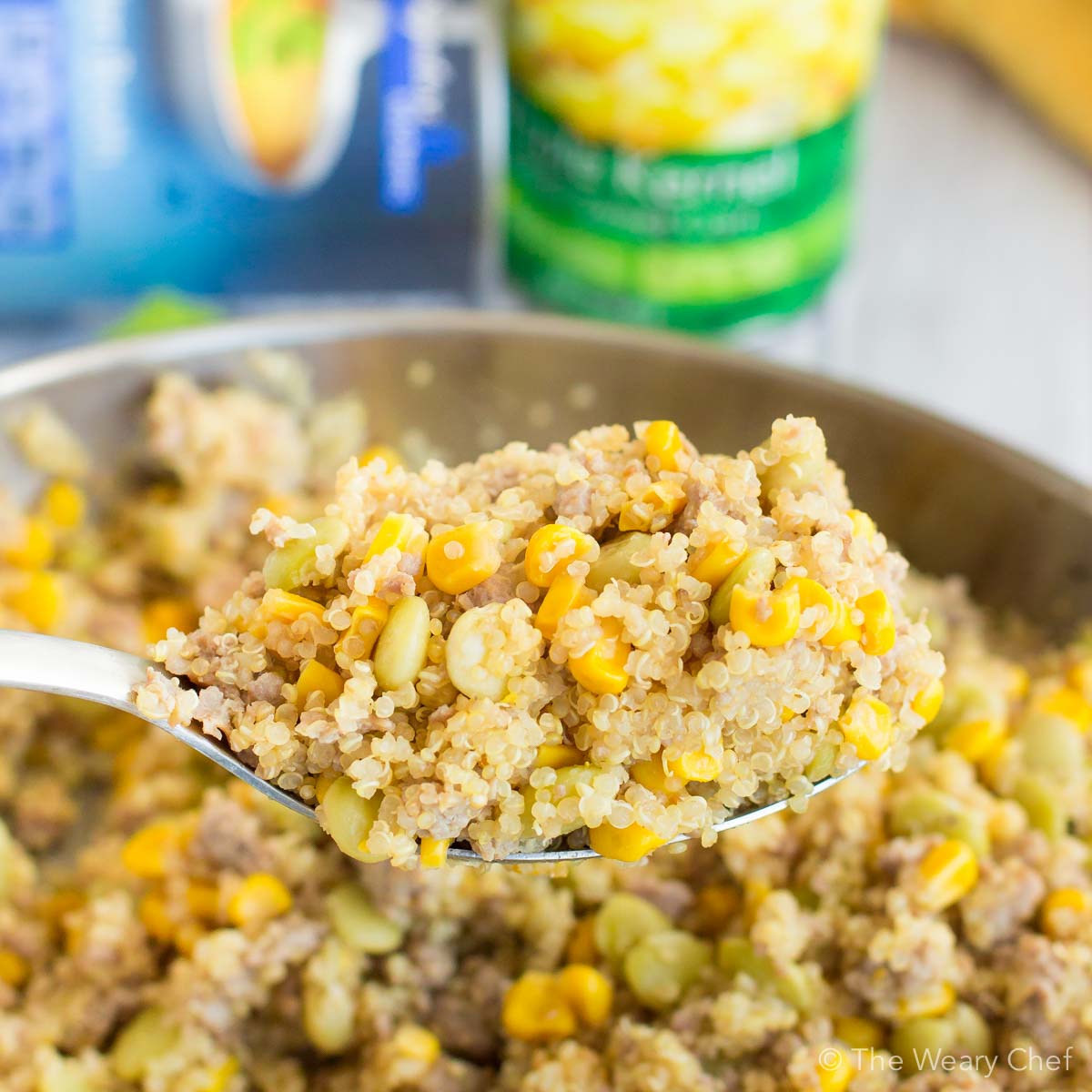 This skillet succotash recipe with sausage and quinoa is loaded with protein, fiber, and flavor!