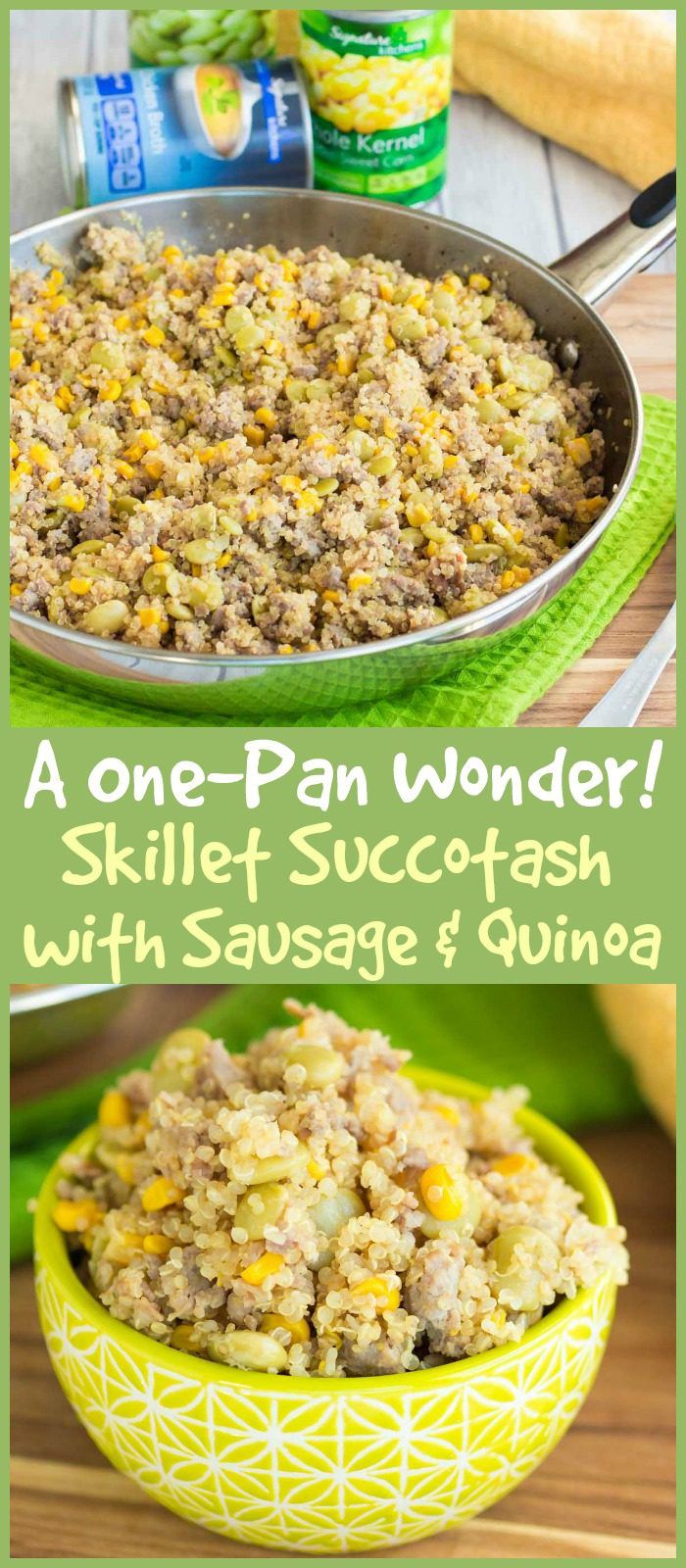 This skillet succotash recipe with sausage and quinoa is loaded with protein, fiber, and flavor!