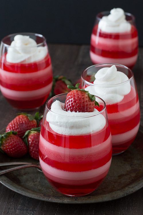 Layered Strawberry Jello Cups by The First Year Blog