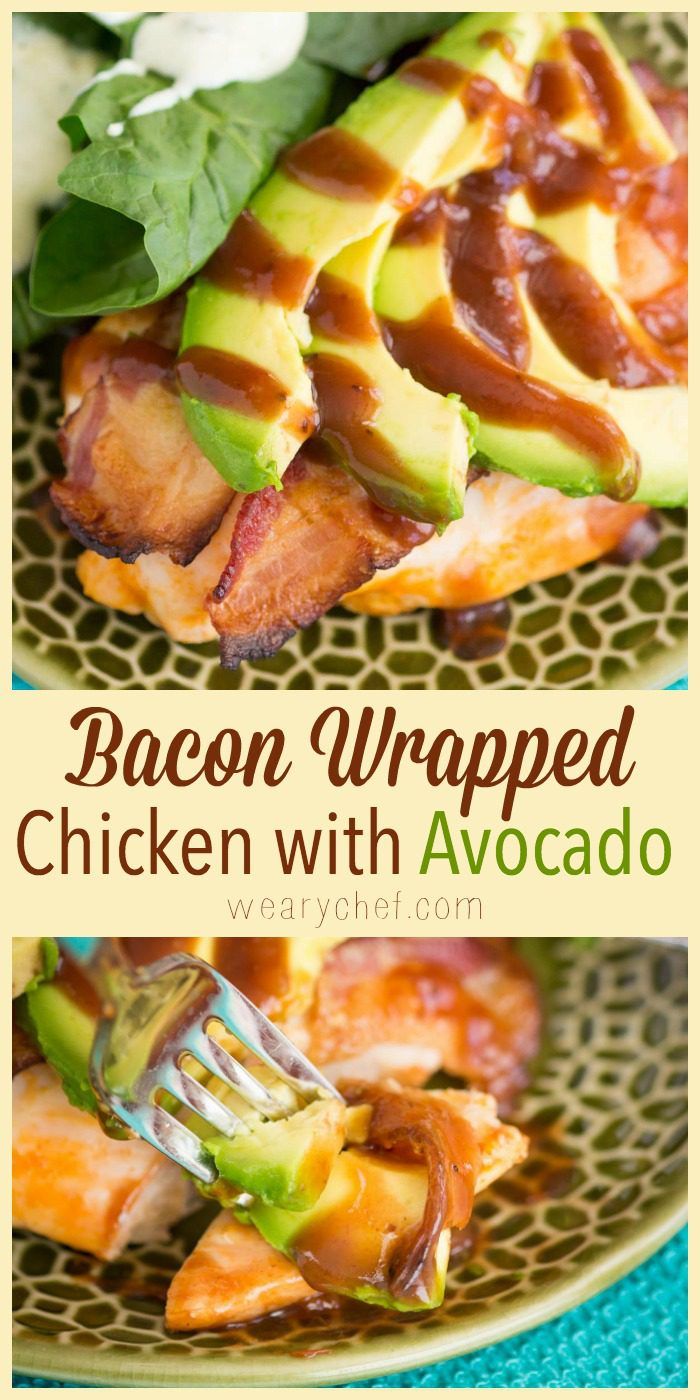 Bacon wrapped chicken seasoned with Buffalo sauce is topped with avocado slices and drizzled with tangy BBQ sauce. You can't beat this easy chicken recipe for a quick and satisfying dinner!