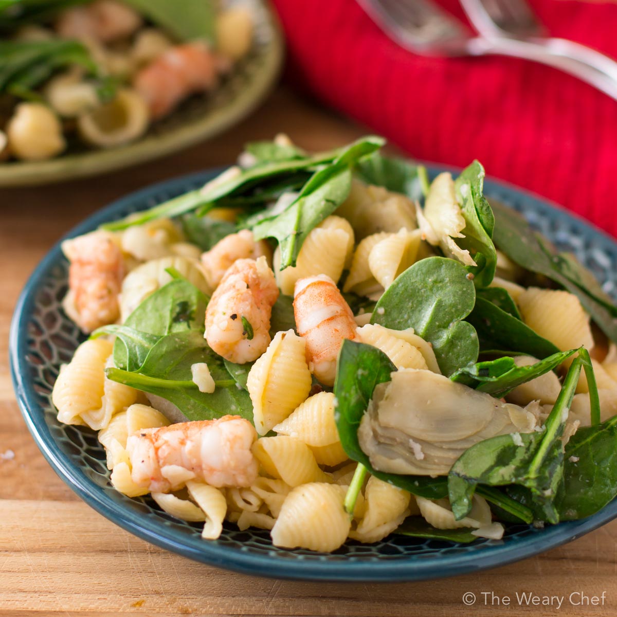 Shrimp Pasta Salad with Spinach and Artichokes - The Weary Chef