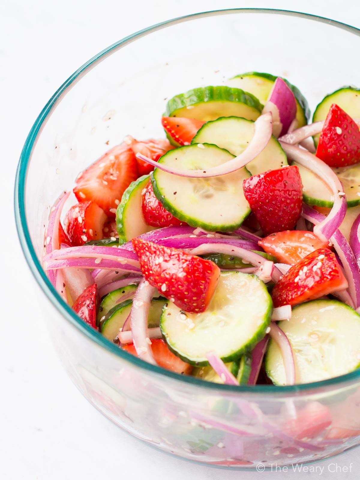 This strawberry cucumber salad with balsamic cabernet dressing tastes like Summer!