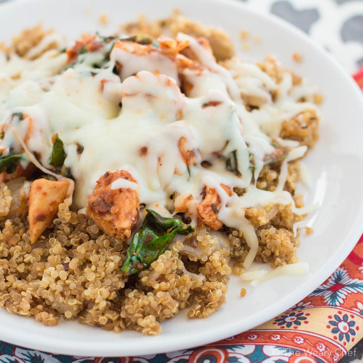 This easy chicken and quinoa recipe is a great fridge cleanout meal, and it can satisfy your pizza craving in a healthier way!