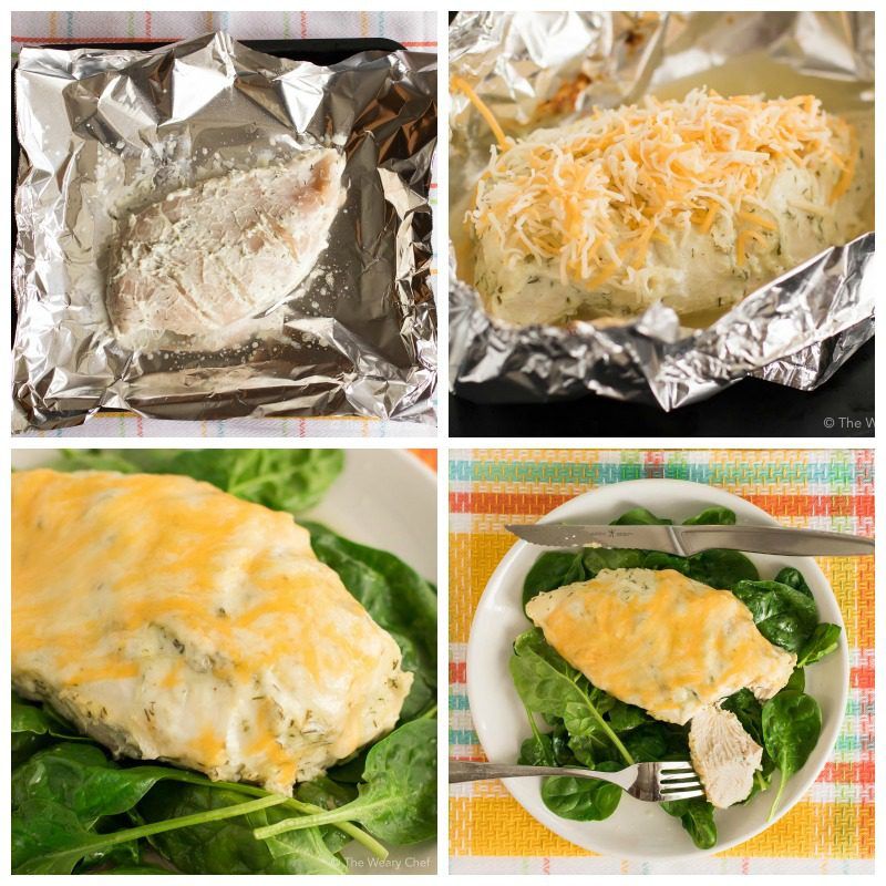 Marinated Greek yogurt chicken is baked in foil and then topped with melted cheese. Perfect served with its juices over spinach!