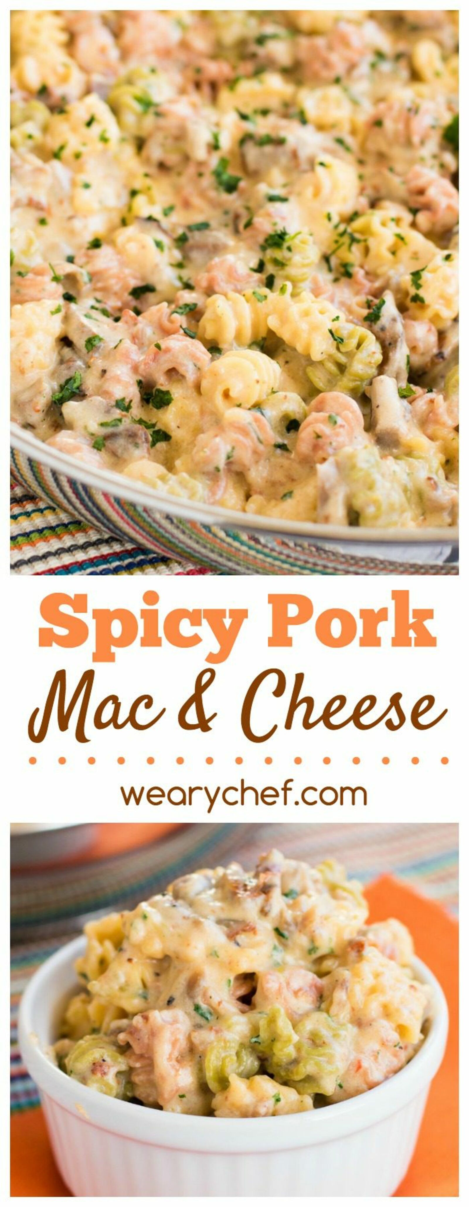 This spicy pork mac and cheese is made with leftover rib meat for a satisfying dinner!