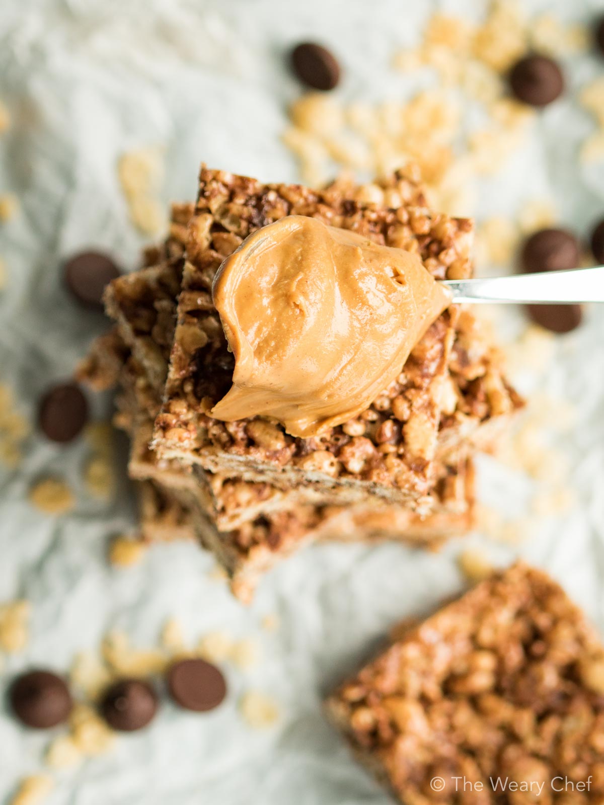 Peanut butter and chocolate chips make these rice crispy treats out of this world!