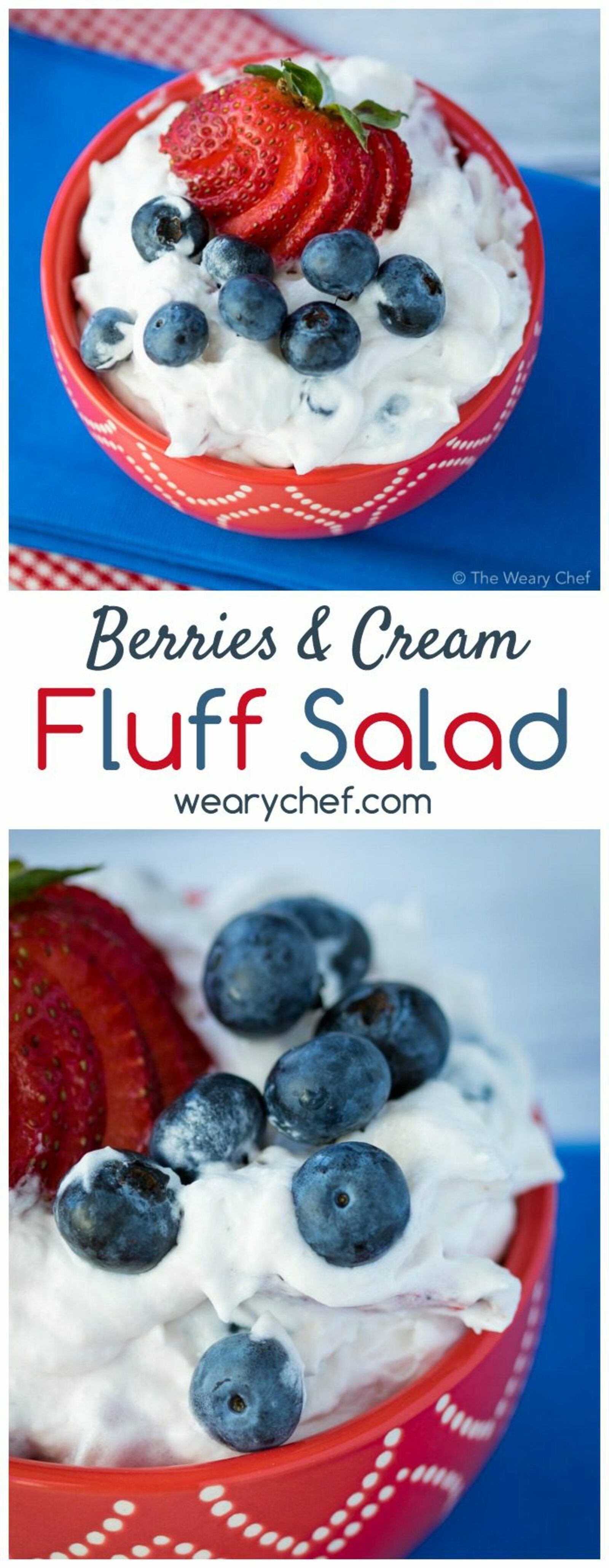 This delicious and easy fluff salad recipe with strawberries and blueberries is a perfect summer dessert!