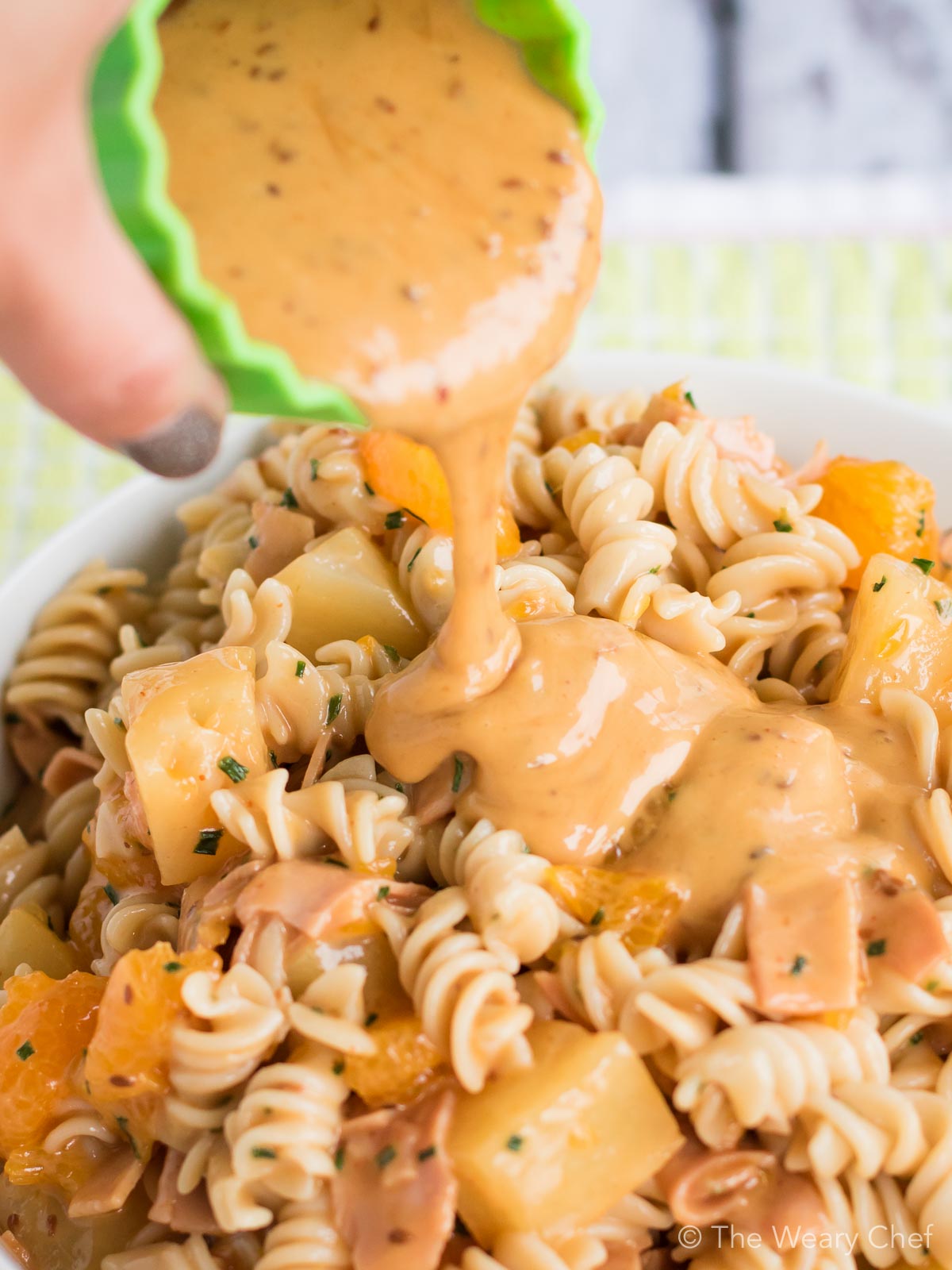 Hawaiian Pasta Salad is tossed with a creamy teriyaki base for a fun and delicious side dish!