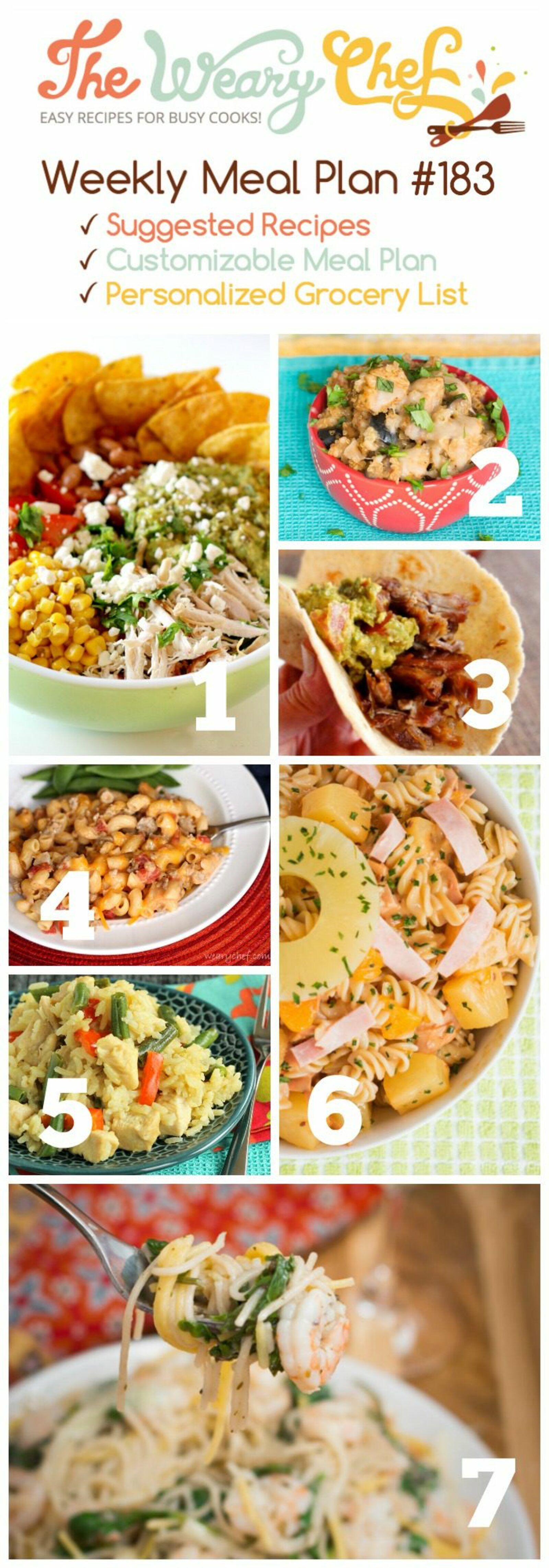 This easy dinner menu features Thai Curry Skillet, Taco Salad, Hawaiian Pasta Salad, and lots more!