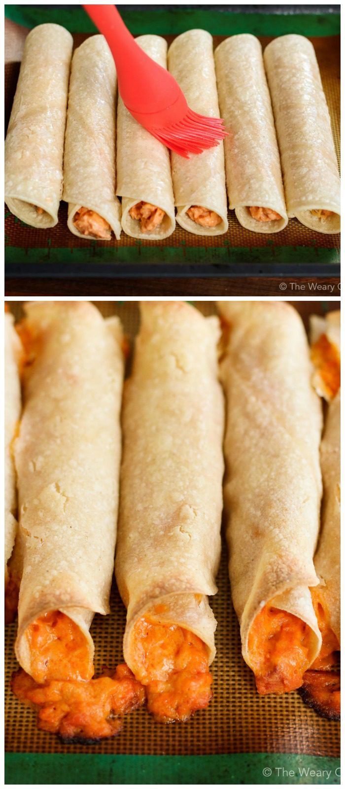 Brush your rolled taquitos with oil, and bake. Easy peasy!