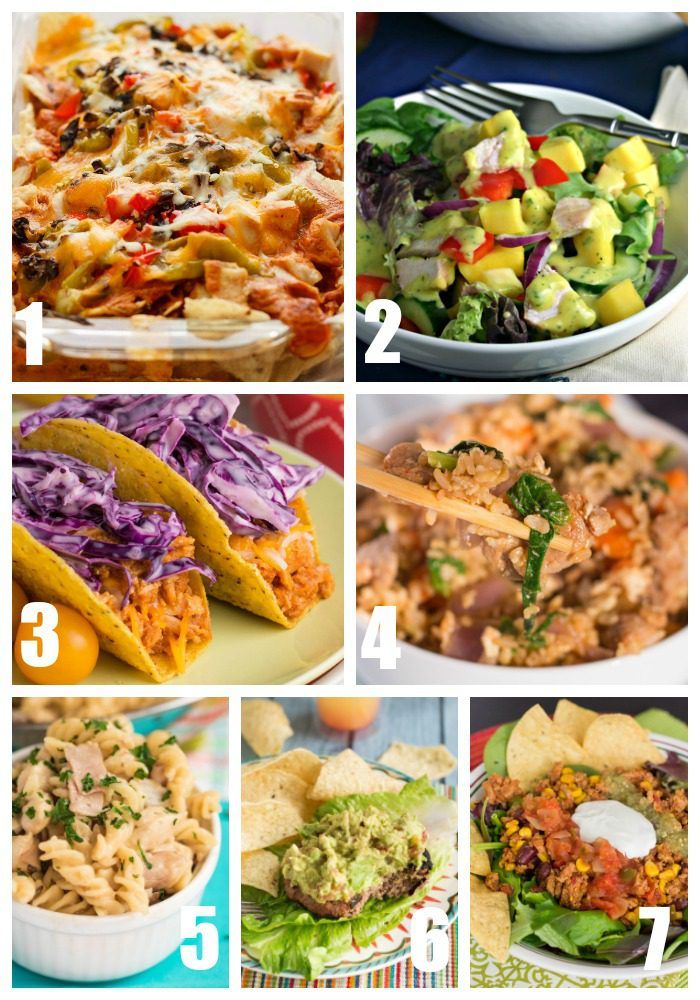 This week's menu of dinner recipes features Mango Chicken Salad, Beef and Black Bean Burgers, BBQ Chicken Tacos, and lots more!