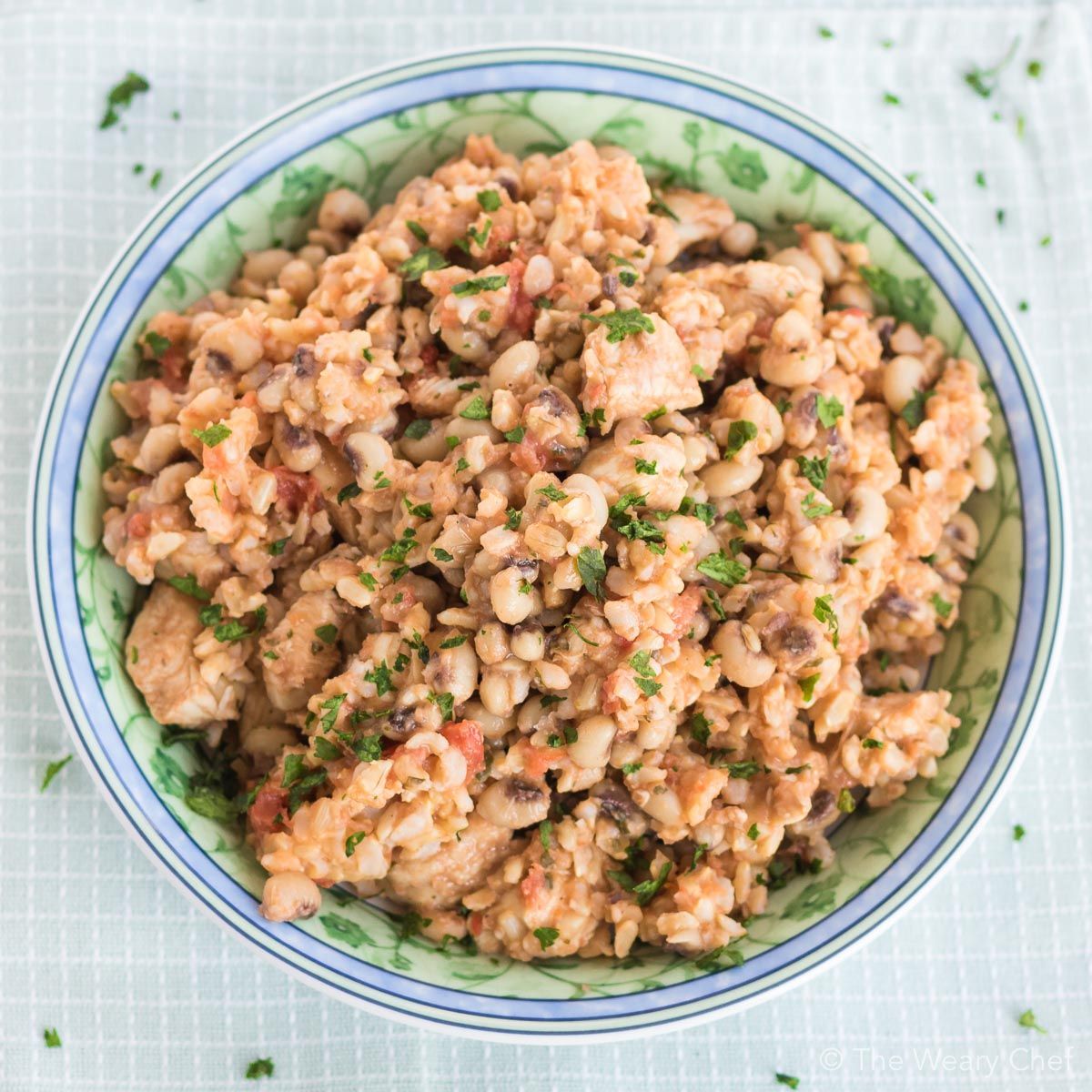 This black eyed pea and rice dish has chicken and tomatoes too. It's cooked all in one pot and is a healthier comfort food!