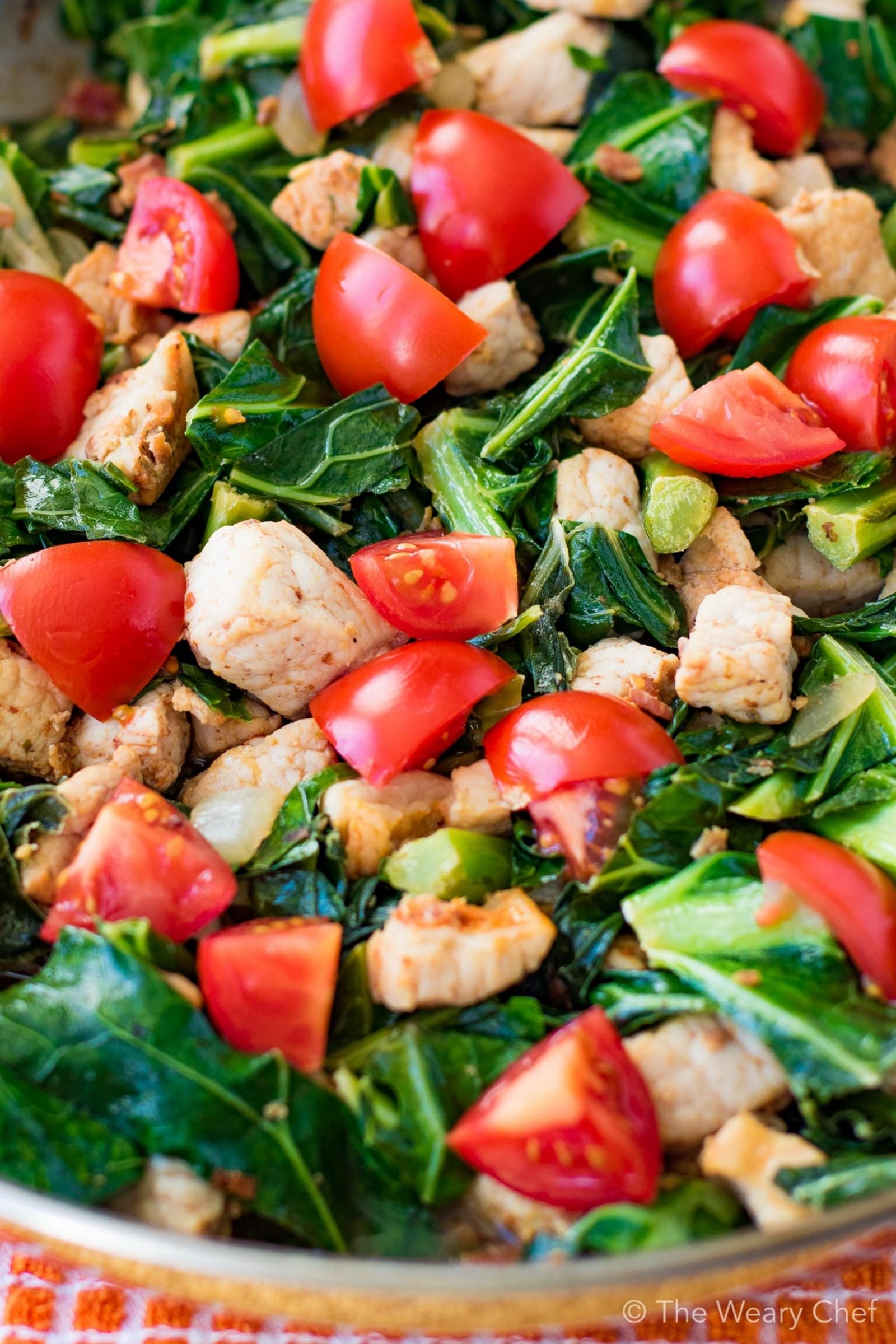 Dive right in! You'll love this healthy, quick and delicious pork and greens stir fry for dinner!