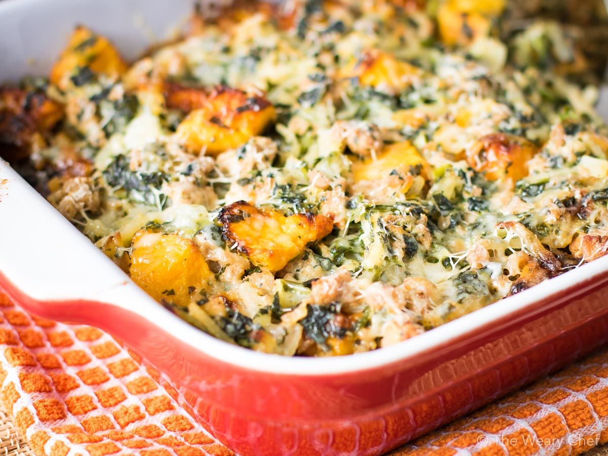 This hearty fall casserole recipe is perfect for potlucks! It's loaded with turkey, hashbrown potatoes and butternut squash for a satisfying, healthy dinner.