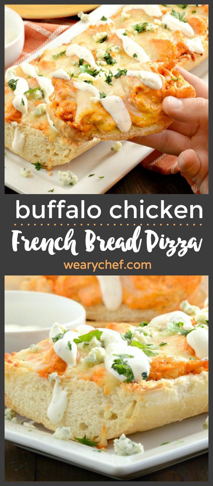 This scrumptious french bread pizza topped with buffalo chicken, ranch, and melted cheese is an easy dinner recipe you'll want to make again and again!