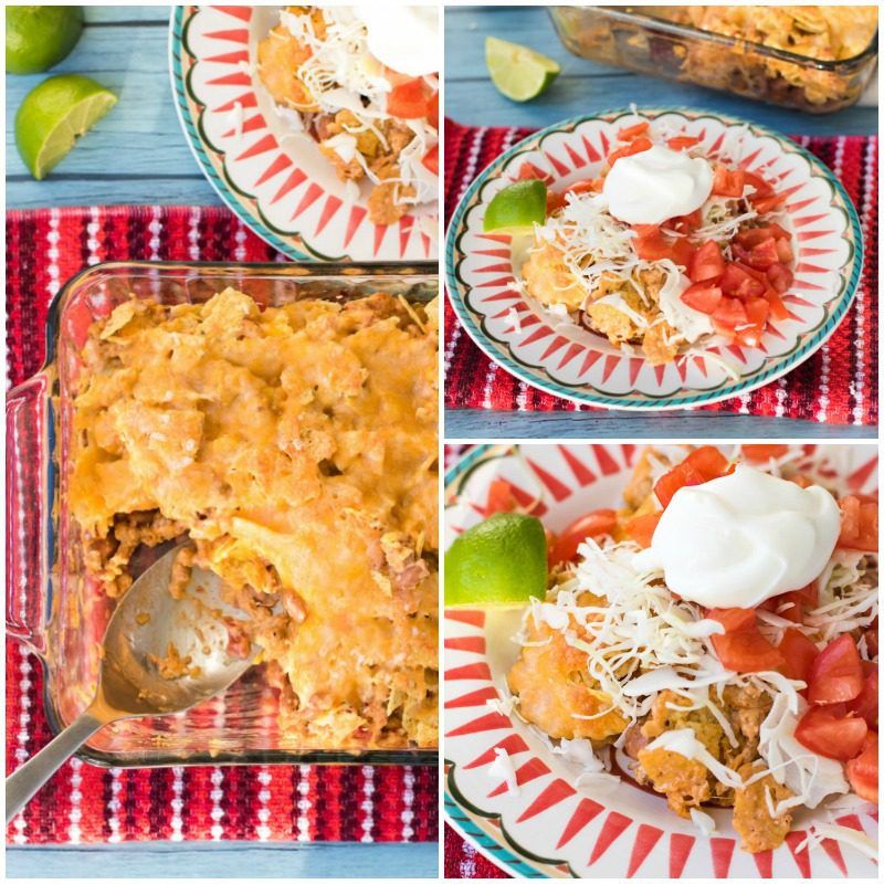 You'll love this easy Cheesy Nacho Casserole! It's loaded with ground turkey, beans chips, and cheese for a family friendly dinner recipe!