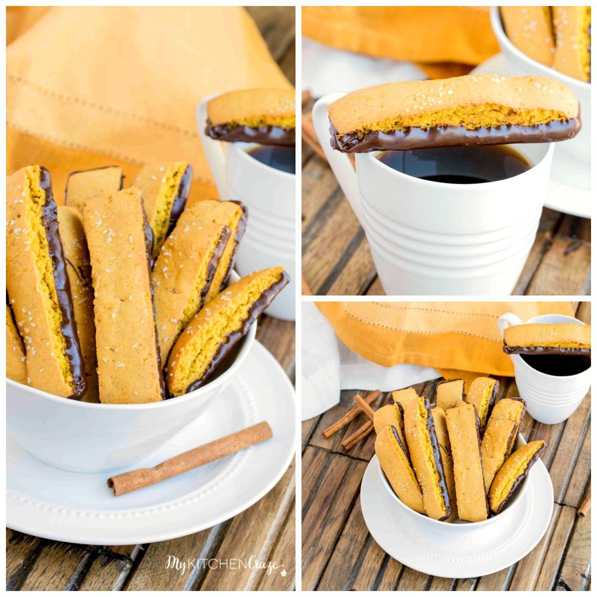 This homemade pumpkin biscotti dipped in dark chocolate is a perfect companion to your cup of coffee or tea.