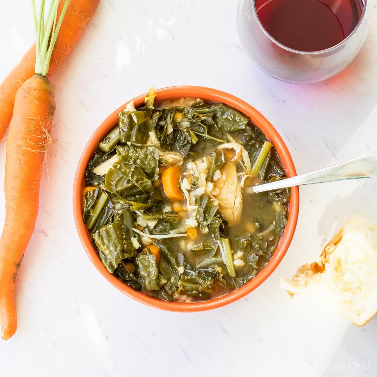 This crock pot chicken stew is loaded with lean chicken and healthy veggies like kale sweet potatoes! It's a perfect slow cooker dinner recipe for cool days.