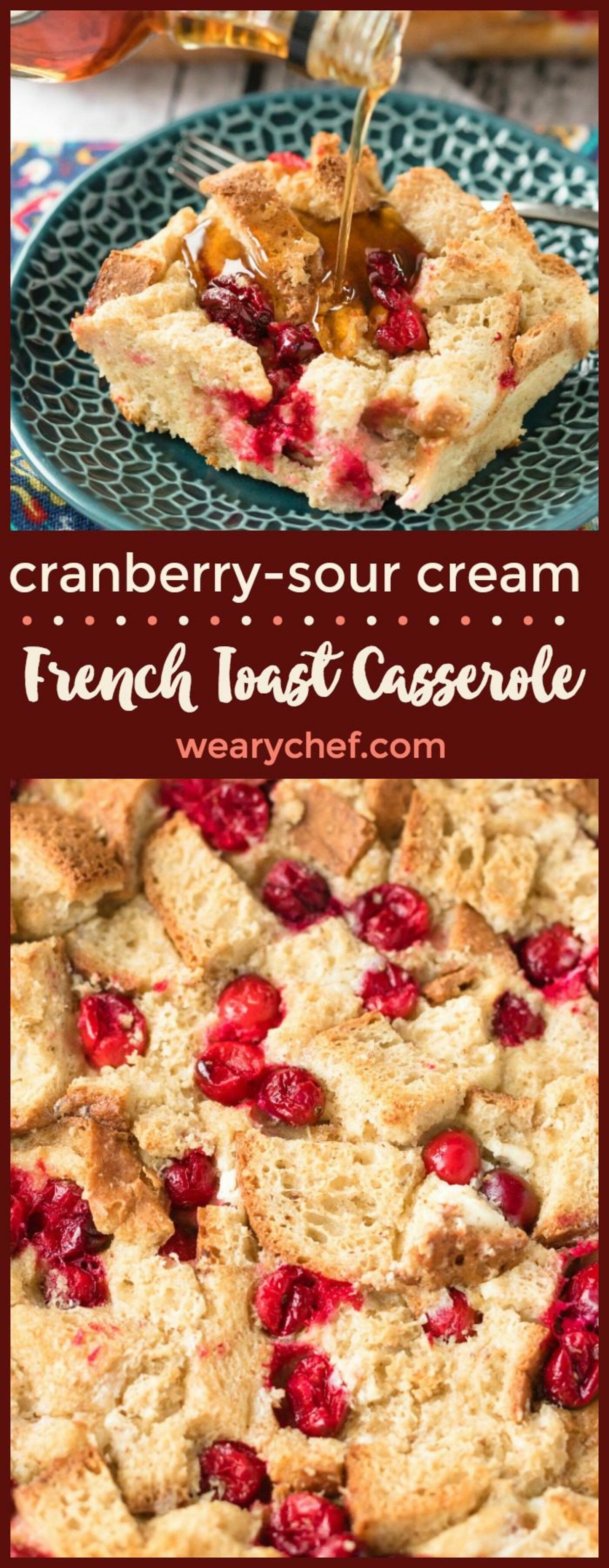 Your weekend and holiday mornings just got even better thanks to this Sour Cream Cranberry French Toast Casserole! You can also try this breakfast recipe with blueberries, strawberries, or other fruits!