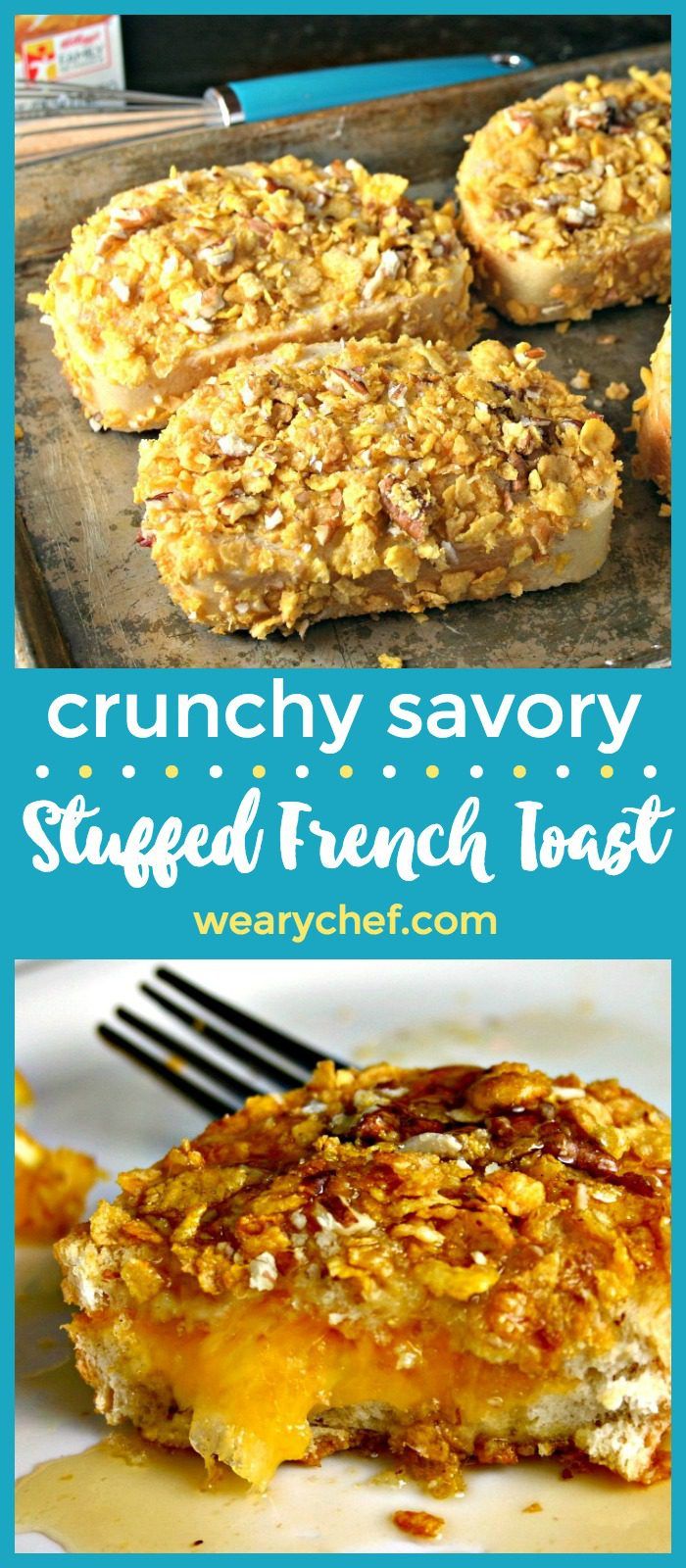 You've never seen anything like this crunchy french toast recipe stuffed with cheese and coated with crunchy pecans and corn flakes!