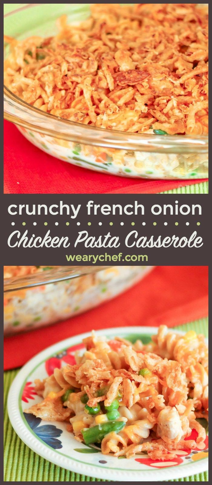 This quick and easy French Onion Chicken Casserole uses pantry staples and is a great recipe for leftover chicken or turkey. It's a perfect comfort food dinner recipe for busy nights!