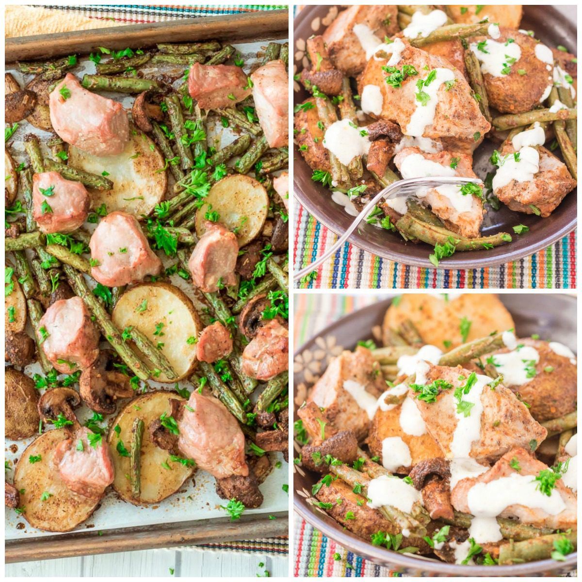 Tender fresh marinated pork, green beans, potatoes, and mushrooms come together in a perfectly easy sheet pan dinner.