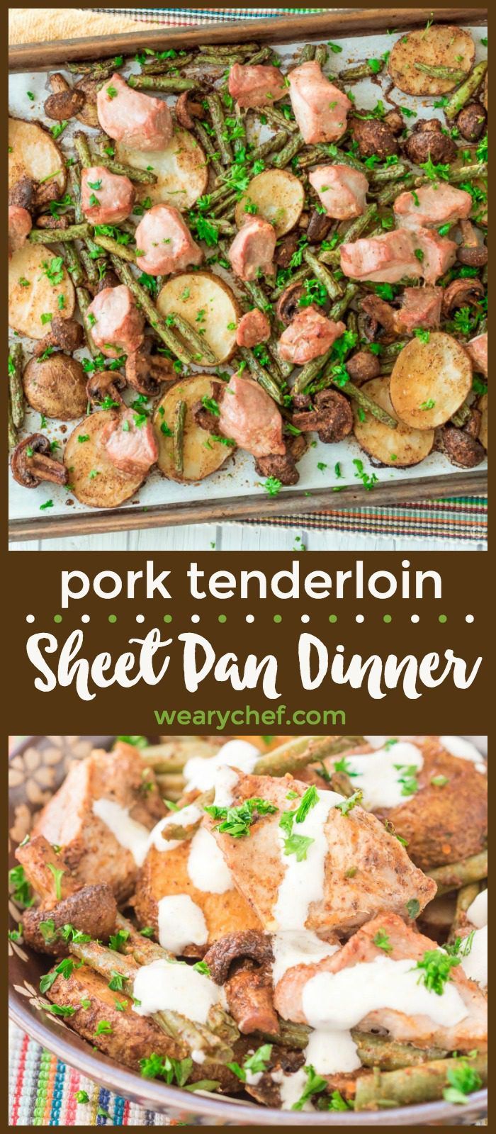 This pork tenderloin sheet pan dinner with potatoes, green beans, and mushrooms only takes about 15 minutes to prep and 30 minutes to bake. Super easy for busy nights!