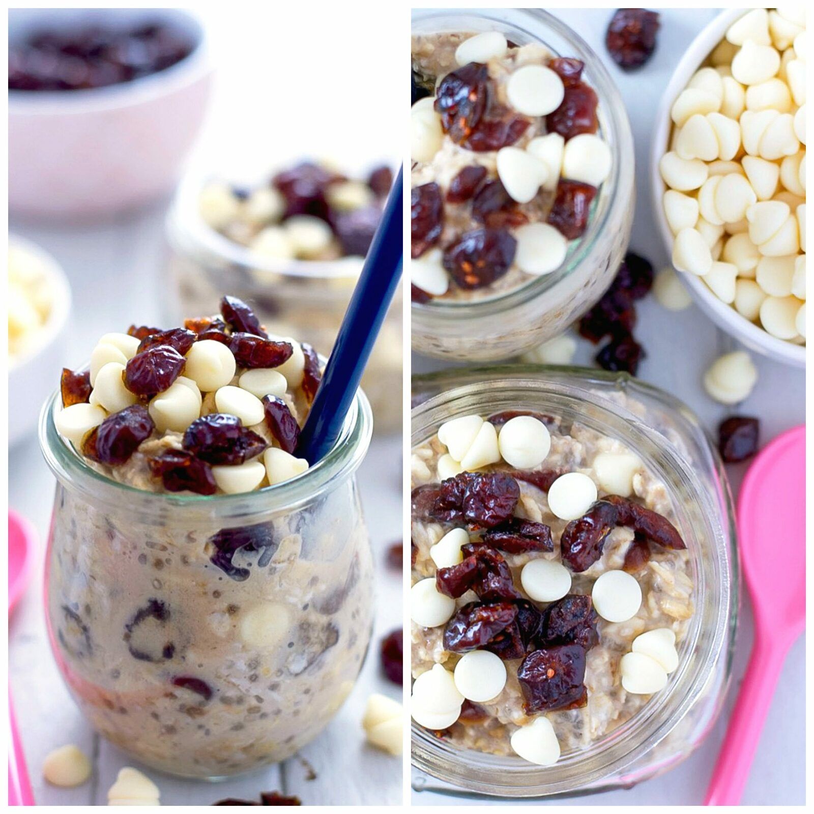 This 5-minute prep overnight oats recipe is brimming with white chocolate and cranberry flavor. Perfect for a grab and go breakfast!
