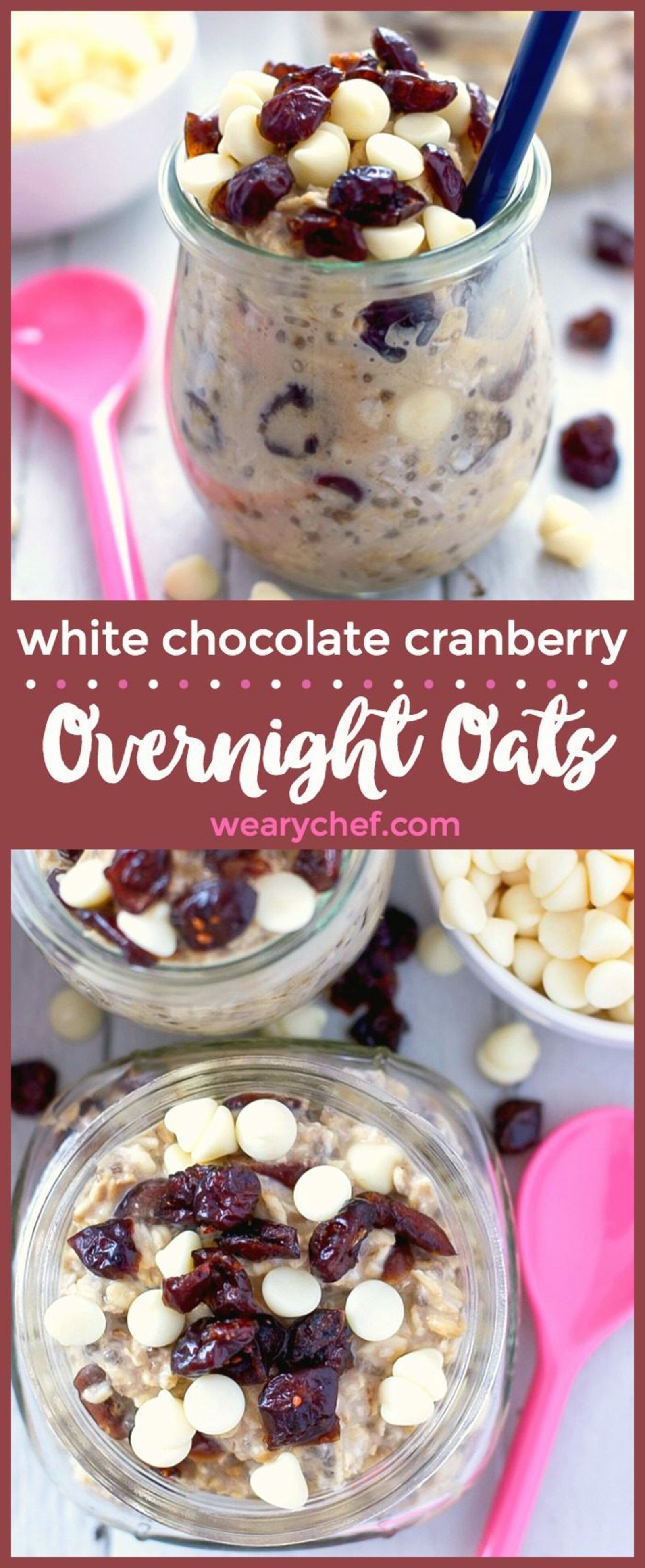 This 5-minute prep overnight oats recipe is brimming with white chocolate and cranberry flavor. Perfect for a grab and go breakfast!