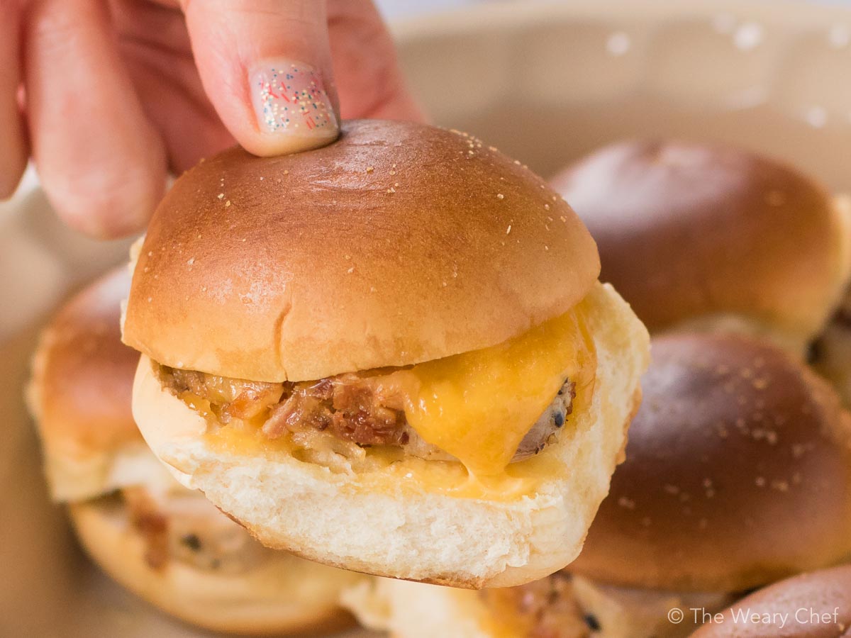 Bacon Cheddar Pork Sliders - It does not get any easier than these 3-ingredient baked sandwiches! Perfect for parties or a quick dinner!