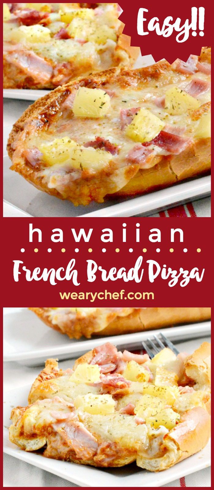 Hawaiian French Bread Pizza is super quick and easy, with the perfect balance of sweet, salty, and a little spicy. Your family will love it!