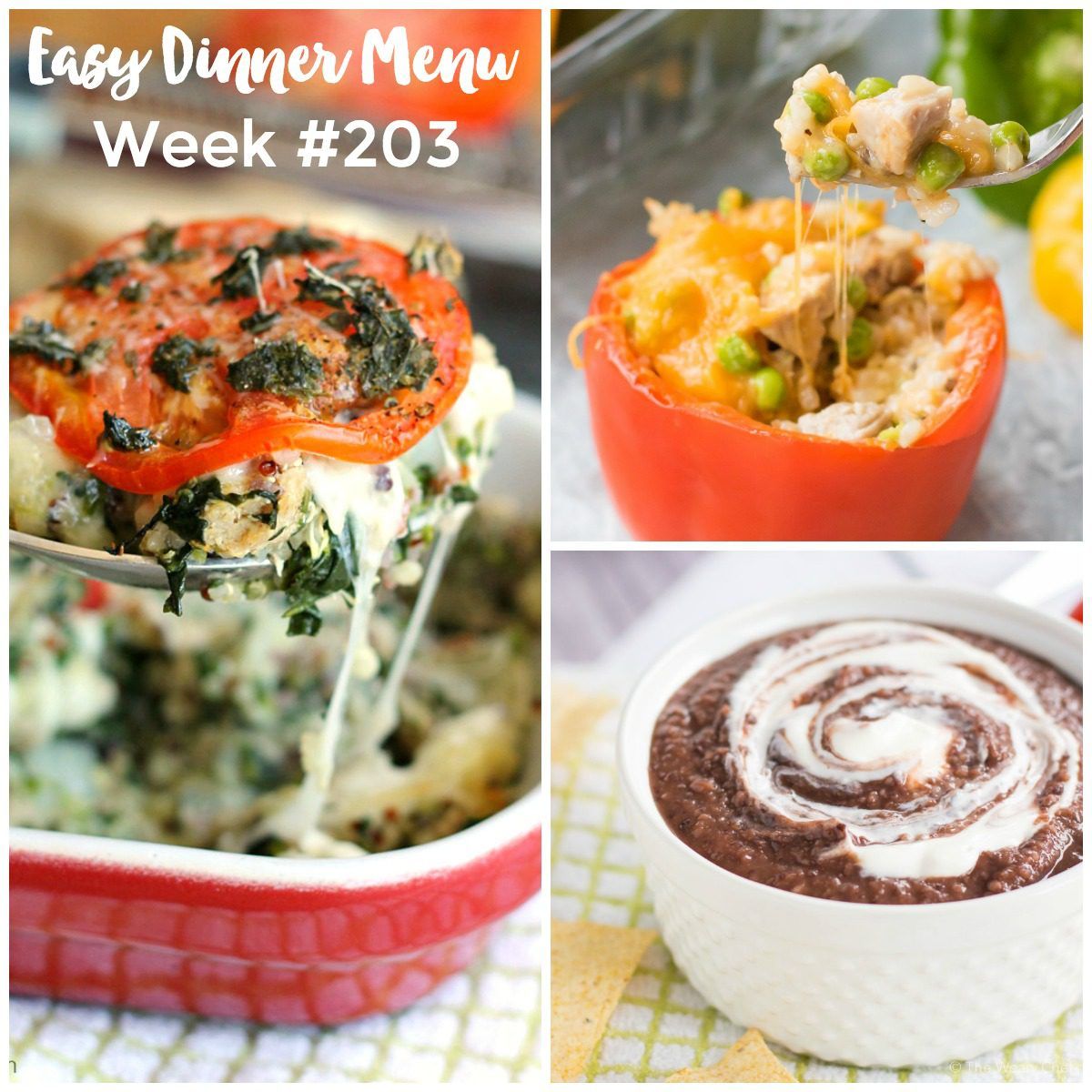 The Weary Chef's Easy Weekly Dinner Menu #203 - This week's dinner menu features Caprese Quinoa Casserole, Easy Stuffed Peppers, Blender Black Bean Soup, and lots more!!