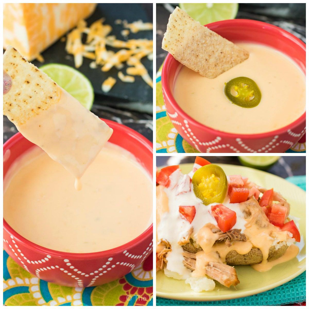 Try this microwave queso dip on its own or drizzled over carnitas loaded backed potatoes!