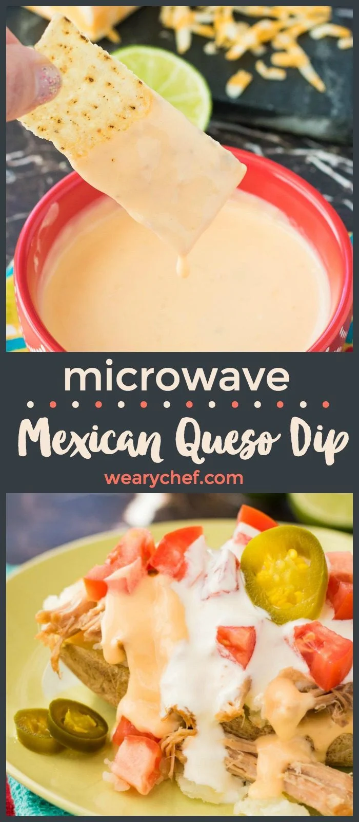 Microwave Mexican Queso Dip is easy to make and PERFECT drizzled over carnitas loaded baked potatoes!