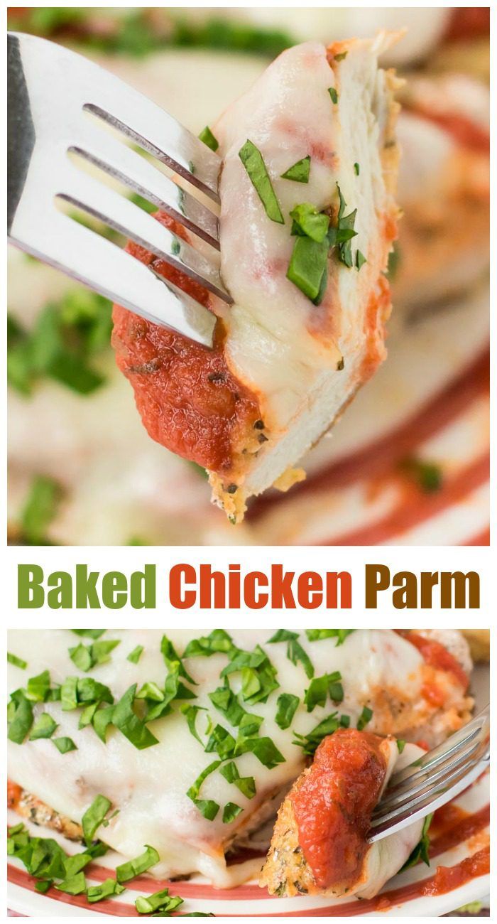 This baked chicken parmesan recipe is a healthier way to enjoy an Italian favorite! #chickenparm #chickenparmesan #italianfood #healthyrecipe