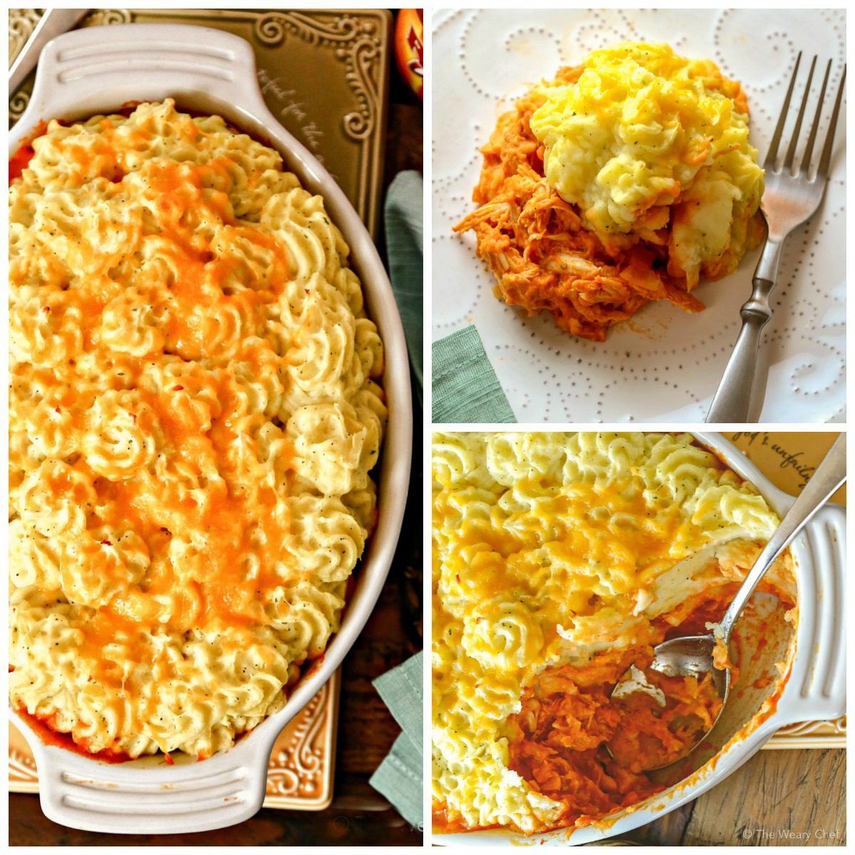 Classic Buffalo Chicken Dip is reinvented into a comforting family dinner—Buffalo Chicken Shepherd’s Pie with Ranch Mashed Potatoes!