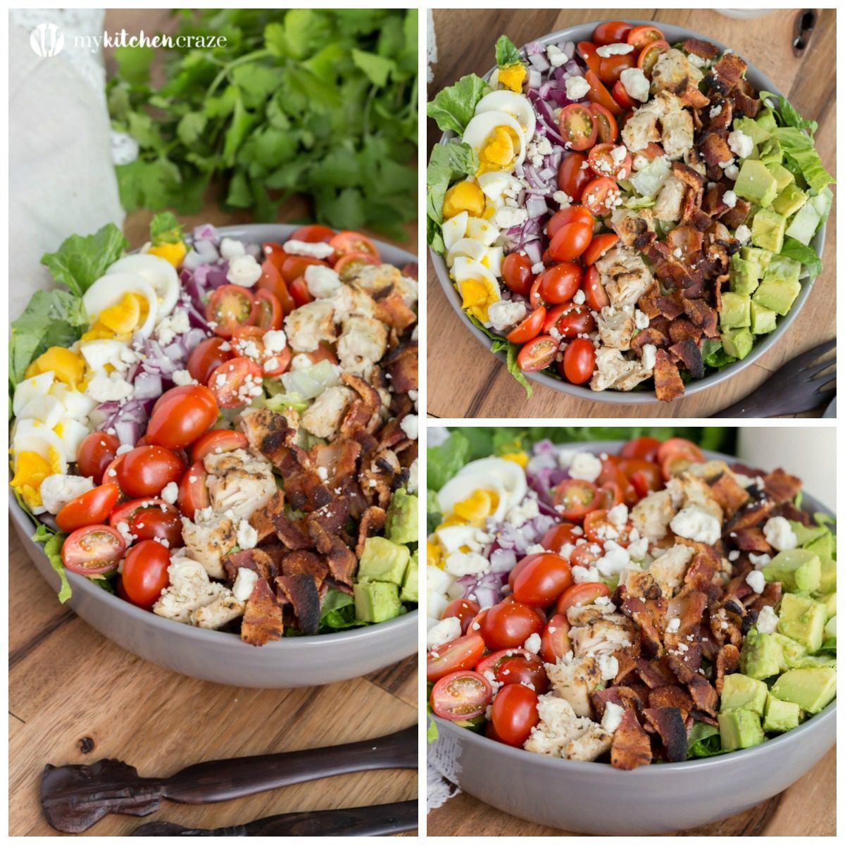 Favorite Chicken Cobb Salad ~ Crunchy veggies topped with blue cheese crumbles and your favorite dressing. You'll actually look forward to having salad for dinner!