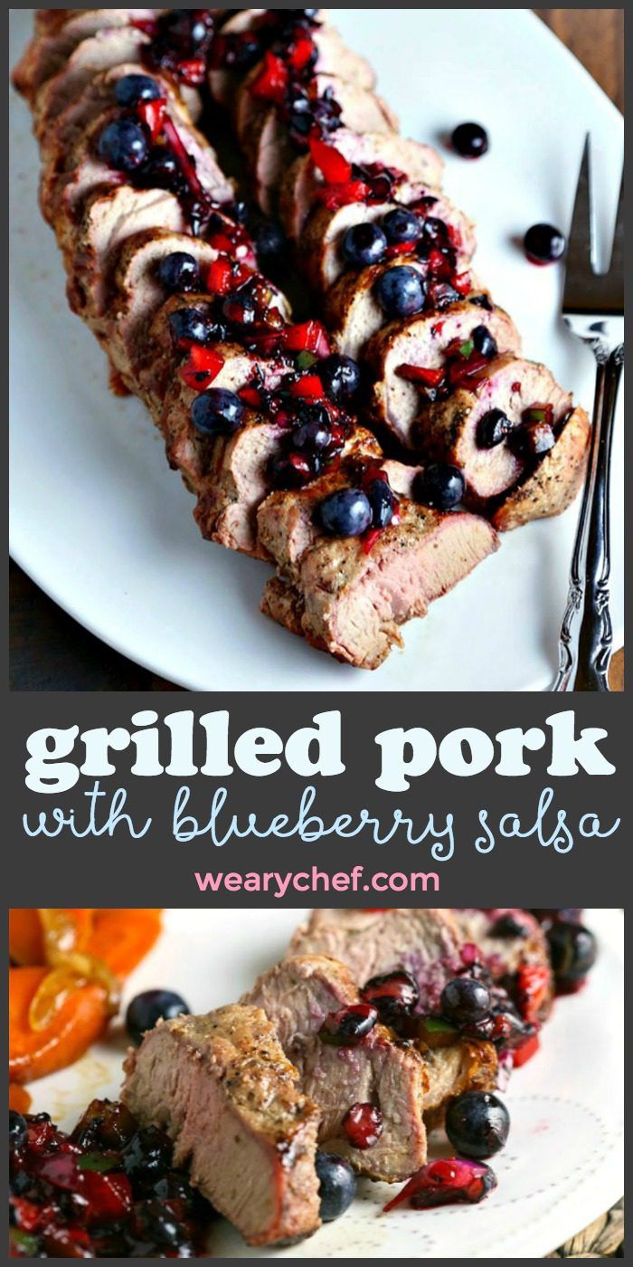 You will love this perfect summer recipe for Grilled Pork Tenderloin with Blueberry Salsa. Fresh, tender pork is grilled to perfection and then topped with a spicy berry salsa for an easy, delicious weeknight dinner recipe!