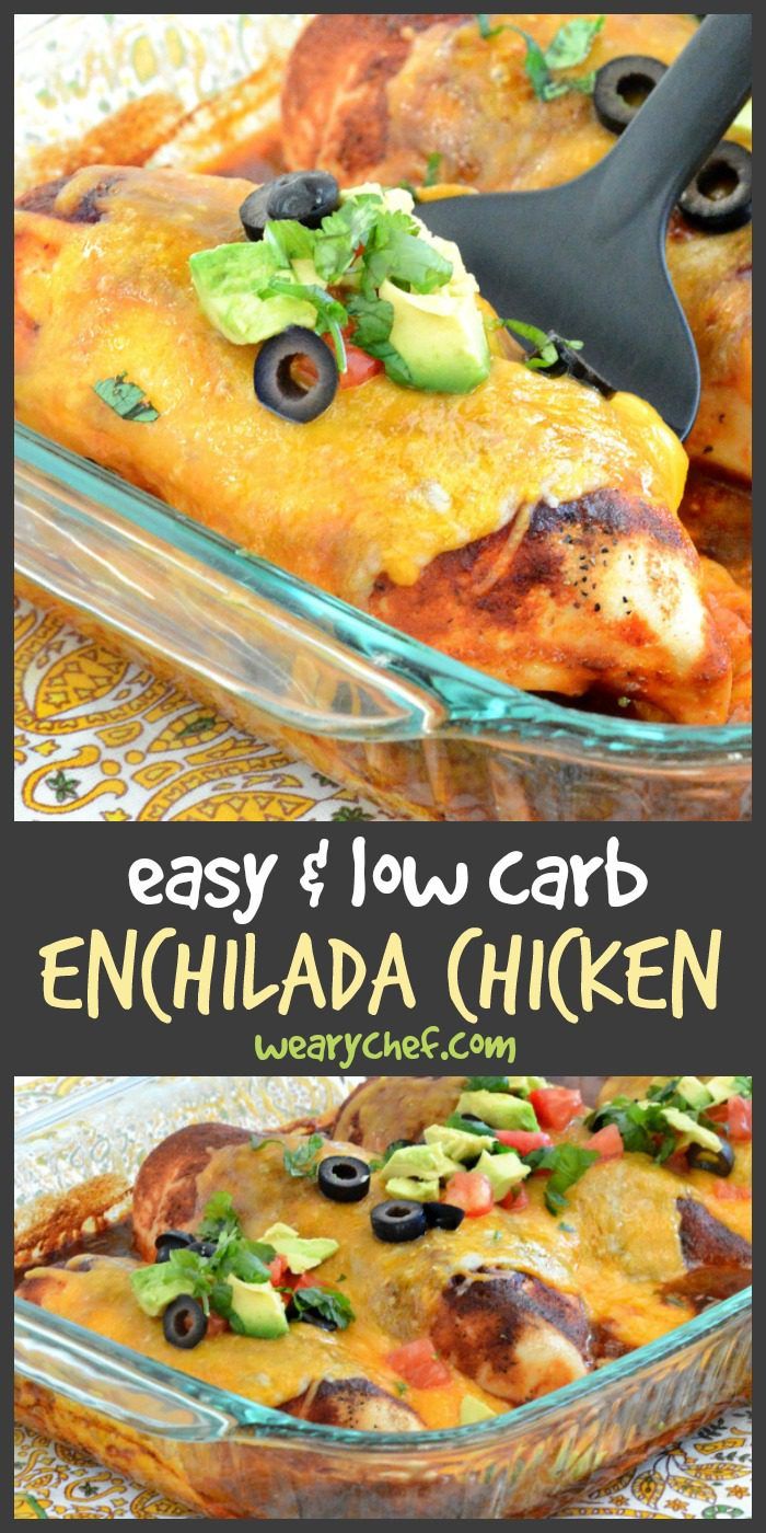 Enjoy the flavor of enchiladas the easy and low carb way with this simple Chicken Enchilada Bake recipe!