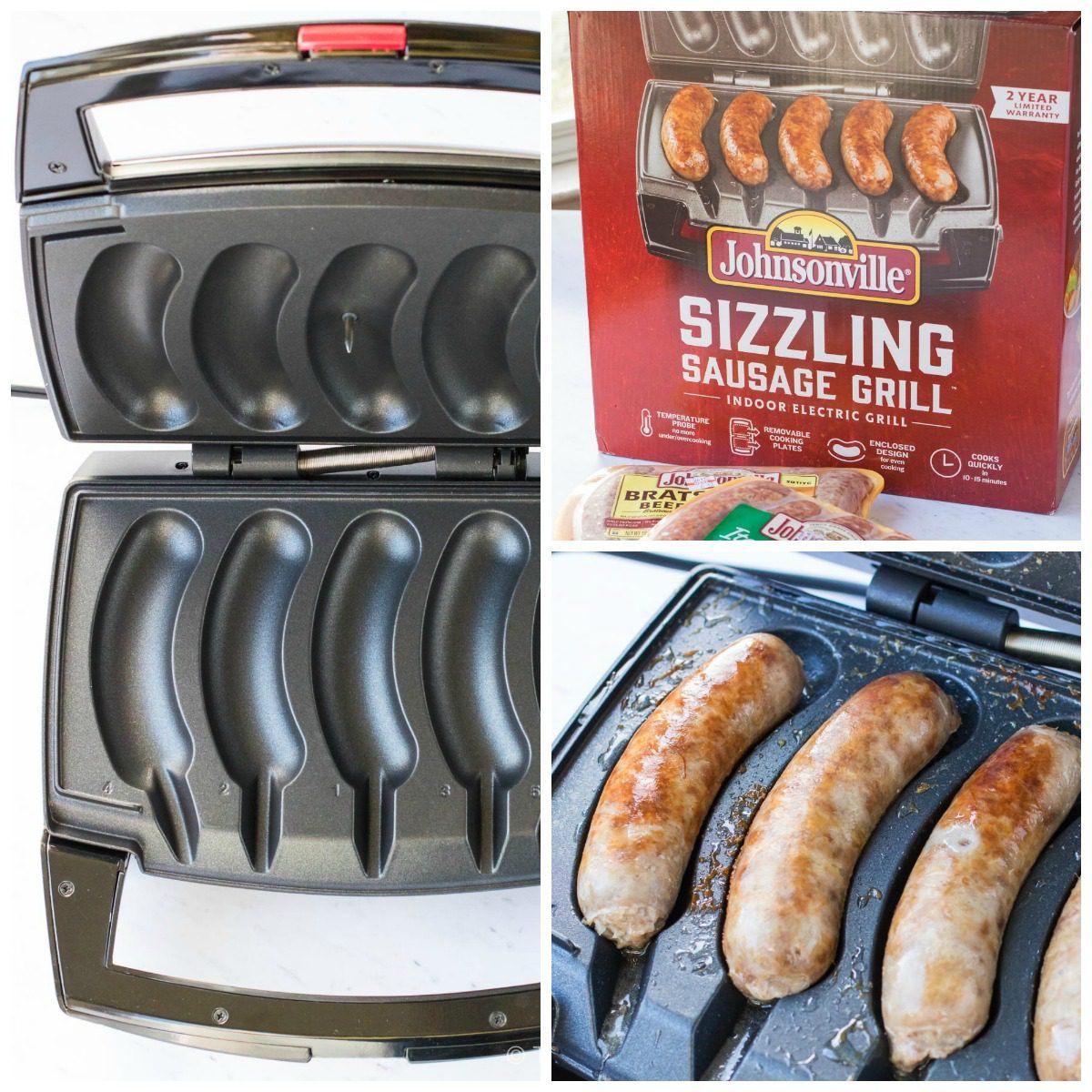 Sizzling Sausage 3-in-1 Black Indoor Electric Grill with Removable Plates